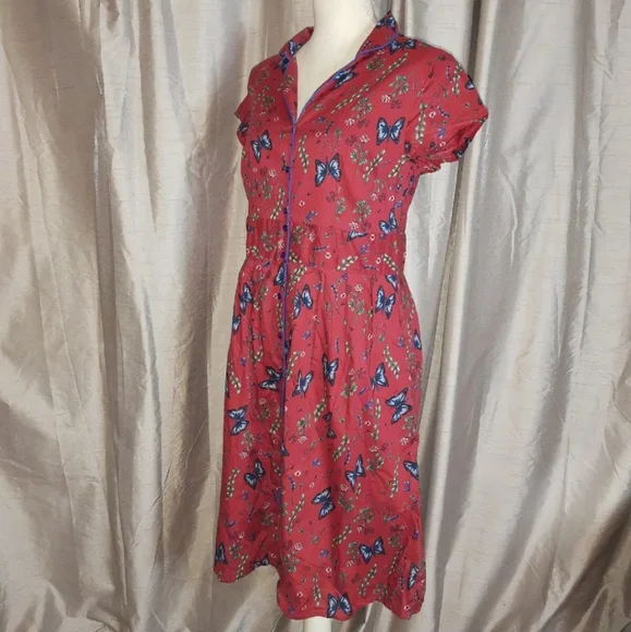 Raspberry Red Butterfly Button Front Midi Dress Joe Browns UK 14 Short Sleeve. - Picture 4 of 11